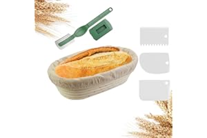 EMAGEREN Kit de Fermentación de Pan - Cesta Banneton Ovalada de Ratán 25*15*8cm, 6 Piezas con Tela de Lino, Raspadores de Masa y Cortador para Fermentación y Cuajado
