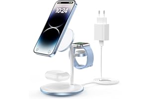 DEESOOCO Indukcyjna stacja ładująca 3 w 1 do wielu urządzeń, 15 W Mag-Safe stacja ładująca do iPhone 15 14, Mag-Safe ładowarka do iWatch Ultra 2/1/Series 9, AirPods, niebieska