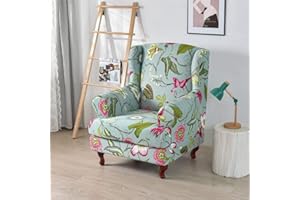 Highdi 2 Piece Stretch Wingback Chair Covers Wing Chair Slipcover Armchairs Covers Classic Printed Sofa Slipcover Spandex Furniture Protector for Living Room Bedroom Hotel (Green Spring)