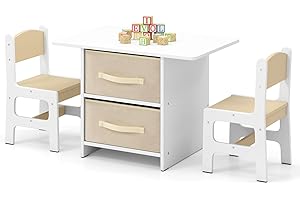 GOPLUS Table Enfant avec 2 Chaises, Table d'Activités Enfant avec Rangement, 2 Compartiments 2 Boîtes, Plateau Spacieux, Charge 50KG, pour Lire, Écrire, Dessiner et Jouer (Beige)