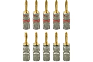 Nakamichi Ultimate Series 24K vergoldeter Beryllium-Rotes-Kupfer-Bananenstecker Banana-Steckverbinder für Lautsprecherkabel 12-18 AWG Gauge Größe 4 mm, für HiFi-Boxen Verstärker 10 Stück (5 Paare)