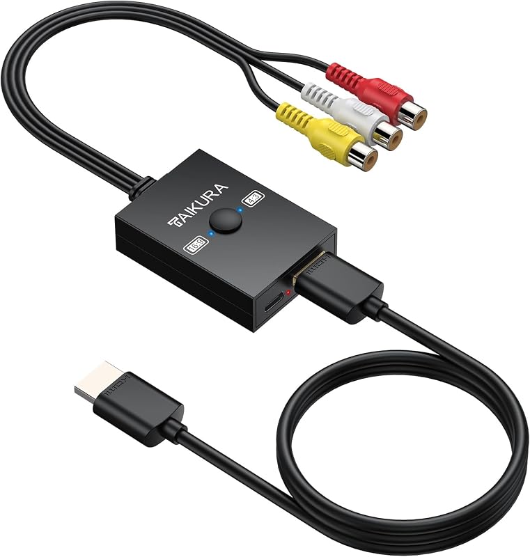 TAIKURA Adaptateur RCA vers HDMI Conversion 16:9/4:3 Sortie 1080P (60 Hz)/720P (60 Hz) câble HDMI de 50 cm Compatible avec Les Consoles de Jeux rétro, Les lecteurs DVD, VHS