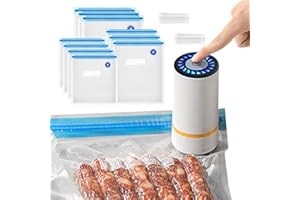 Portable Vacuum Sealer Set, Geliking Food Vacuum Sealer Machine Rechargeable Handheld Vacuum Sealer for Food with 10 Reusable Sous Vide Bags for Food Storage Sous Vide Cooking