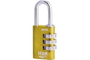 IFAM Candado de Combinación Col Combi, 20mm, Color Amarillo, Máxima Seguridad, Ideal para Mochilas y Maletas, Con Clave y Más de 1.000 Combinaciones, Aluminio, Gran Ligereza, Arco 3mm