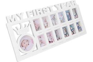 Septpenta Cadre Photo pour Nouveau Né, 12 Petits Cadres Photo Enregistrent La Croissance du Bébé Chaque Mois, avec Un Petit Support, Cadre pour Bébé, Cadeaux pour Les Jeunes Mariés(Blanc)