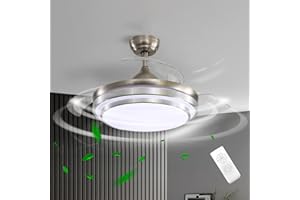 XEMQENER Ceiling Fan with Light and Remote, Retractable Ceiling Fan with Lamp, 36W LED Lighting Fixture for Bedroom Living Room Dinning Room (42inch, Metal)