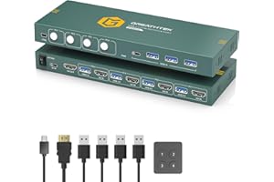 GREATHTEK KVM HDMI Switch 4 puertos 4K a 60Hz con 3 dispositivos USB 3.0 compartidos con 4 ordenadores y un monitor, incl. Cable HDMI y cables USB