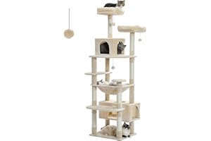 PAWZ Road Large Cat Scratching Post, Stable, 184 cm Scratching Post for Large Cats, with Hammock, 7 Sisal Posts, Large Perch, Cave, Baskets, Scratching Post High for Indoor Cats, Beige