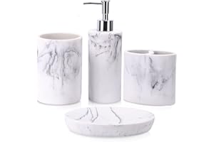 ZCCZ Bathroom Accessory Set 4 Pcs, Bathroom Décor Accessories with Soap Dispenser, Toothbrush Holder, Bathroom Tumbler, Soap Dish, Marble Look Bathroom Vanity Countertop Accessory Set White