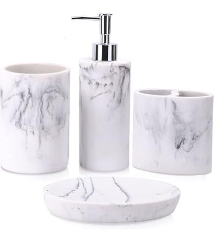 KLEO - Badkamer Accessoireset gemaakt van natuursteen - Badaccessoires set inclusief Zeepdispenser, Tandenborstelhouder, Zeepschaal (Wit - Set van 3