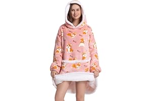 SUMMSHALL Koc z kapturem, pluszowy, oversize, do wewnątrz, na zewnątrz, polarowy, super ciepły, dla kobiet, mężczyzn, z głębokimi kieszeniami i rękawami, bluza, jeden rozmiar, dla dorosłych, Corgi