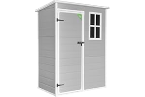 Wasabi - Caseta de Resina Jardín Unit 1.4 – Ventana Luz Natural - Suelo Incluido - Paneles 12mm de Espesor - Gris Blanco - Cobertizo PVC Almacenaje Exterior - 1,37m2 - Techo Plano