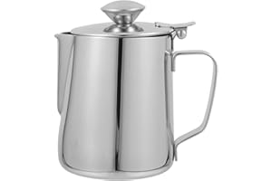 BESTonZON Bricco per latte in acciaio inox con coperchio, 350 ml, per caffè, caffè, caffè, cappuccino, latte, latte, latte, caraffa e montalatte