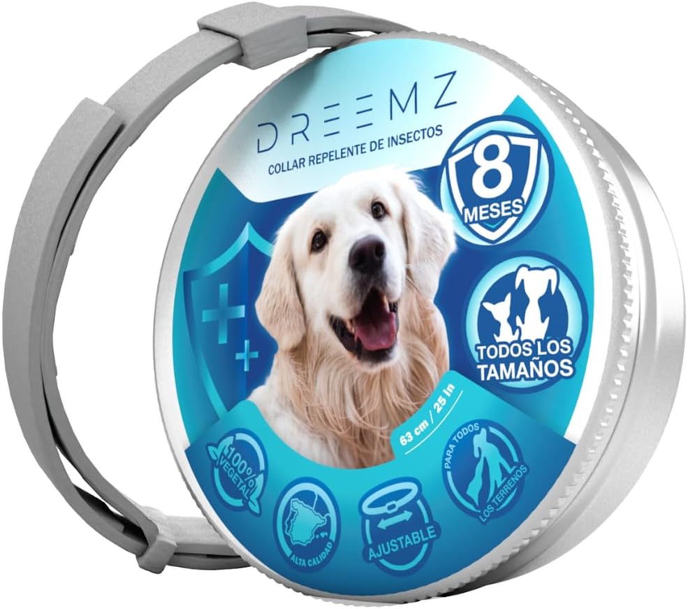 DREEMZ Collar Repelente de Insectos - Antipulgas Perros, garrapatas y Mosquitos, 8 Meses protección-63cm -100% Vegetal-Impermeable - Formatos (1 Und Gris)