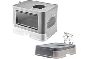 MINGYI Bac à Litière pour Chat Fermée, Grande Maison de Toilette Chat Pliable avec Couvercle, Tiroir à Litière avec Pelle, WC pour Chats, Jusqu'à 7 kg (Gris L 48,5×38×36,5 cm)