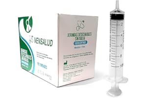 VENSALUD | Seringues jetables |Sans Aiguille et Sans Latex| Luer Slip | Cône excentrique | Seringue stérile pour aliments, animaux de compagnie, Laboratoires, Vétérinaire | Précise | 100 pcs. |10ml