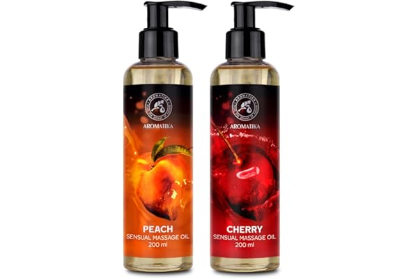 Huile de Massage Sensuel Set 2x200ml - Pêche & Cerise - Huile de Massage Sensuel Comestible - pour Couple - Mélange Naturel de Pépins de Raisin et Amande et de Macadamia - Naturelle - Huile Relaxante