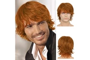BEWEIG Peluca naranja para hombre, peluca sintética resistente al calor con capa esponjosa Natural corta, pelucas de Cosplay de Halloween para hombres
