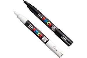 Posca PC-1M Marqueurs pour activité artistique, marqueur pour tissu, verre, métal, lot noir + blanc (1 de chaque)