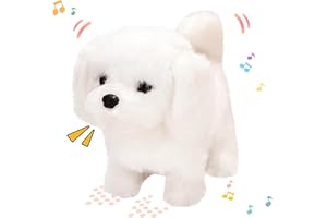 Hopearl Walking Dog Bichon Interactive Electronic Pet Plush Toy Puppy Woof and Moving Animated Nodding Head Gifts for Toddlers Birthday, White, 18cm