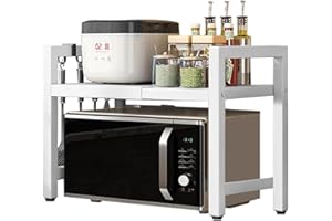 AHSBND Mikrowellen Regal Ausziehbar Mikrowellenschrank Organizer: Ofengestell Küchenregal Stehend Gewürzregal mit 6 Haken für Arbeitsplatte Bäckereiregale (Weiß)