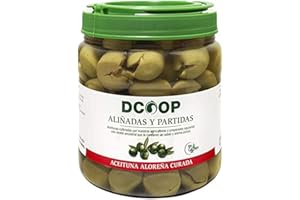 DCOOP Olivas - Aceitunas Verdes Aloreñas, Aliñadas y Partidas, de Fácil Deshuesado, con Sabor y Aroma Únicos, Ideales para Ensaladas y Aperitivos, Pne, 400 G