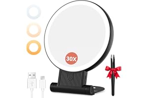 Auxmir Espejo Maquillaje con Luz, 30X/1X Aumento de Doble Cara, Espejo 72 Leds 3 Colores de Luz, 2000mAh con USB Pinza, Colgar Pared Brillo Regulable para Bolso Viajes, Negro