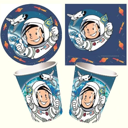 36-teiliges Partyset * ASTRONAUT FLO * mit Teller + Becher + Servietten + Deko // Kindergeburtstag Kinder Feier Set Fete Partygeschirr Deko Fest Kinder Geburtstag Party Mottoparty Motto Weltraum Raumschiff Space All Alien