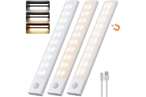 SKELO Luz LED con Sensor de Movimiento 20CM 1800mAh,Luz LED Armario 3000k-6000k 3 Modos USB-C Recargable, LED Cocina Bajo Mueble para Gabinete Pasillo Escalera Sótano Cocina (3 piezas)