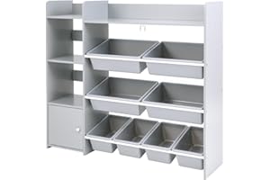 Maxmass Toy Storage Organizer, Children Bookshelf Storage Unit with Removable Bins, Open Shelves, Enclosed Cabinets, Toddler Bookcase Rack for Kids Room Playroom Nursery (Grey, 112x30x100cm)