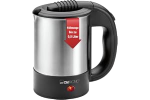 Clatronic WKR 3624 resekanna, kapacitet upp till 0,5 liter, perfekt för resor, camping och på språng, inkl. 2 koppar 170 ml, transport/resväska och kaffesked, rostfritt stål
