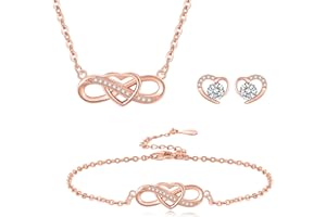LYL.Adorer Juego de Joyas de Oro Rosa para Mujer, Collar y Pulsera Corazón Infinito, Pendientes Corazón con Cristal Swarovski, Plata de Ley 925, Regalo para Mujer Niña