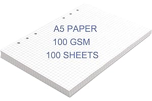 THXMADAM Papel A5, A5 Recargas de Papel Cuadrícula 100 gsm Páginas de Hojas Sueltas para 6 Agujeros Carpeta de Anillas Recargable Cuaderno de Hojas A5 Planificador de Diario, 100 Hojas de Papel / 200 Páginas