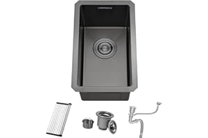 BOKAIYA Fregadero de Barra Acero Inoxidable, Bajo Encimera Negro de 25 x 45 cm, Pequeño Fregadero de Barra Húmeda, Minilavabo de Cocina para Exteriores, para RV, con Rebosadero, Rejilla Enrollable y Sifón