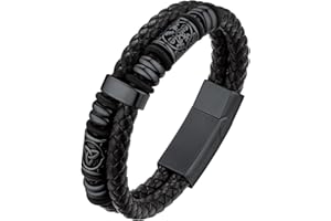 Bestyle Pulsera Hombre Cuero Vikingo Brújulas Cuentas 19cm/21cm/23cm Largo con Cierre Magnético de Acero Inoxidable Pulseras de Cuero para Pardre Esposo Novio
