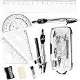 10 Pcs Maths Set, Geometry Sets Stationary Sets School Supplies - Compass Protractor Ruler Eraser Pencil Lead Refills Pencil and Pencil Sharpener Clear Case