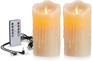 FiiMoo Velas LED Recargables, con Cable de Carga USB, Pack de 2, LED Velas, 3D Efecto Llama, Velas Cera Real con Mando a Distancia y Temporizador para Decoración, Bodas, Navidad-12.5cm Marfil