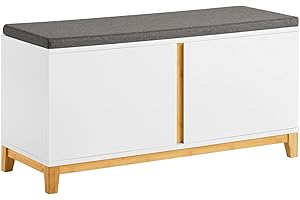 SoBuy Panca Scarpiera Ingresso con Seduta, Cassapanca Contenitore da Interno con 2 Ante, in Legno ingegnerizzato + Bambù 90x34x46cm Bianco FSR117-W