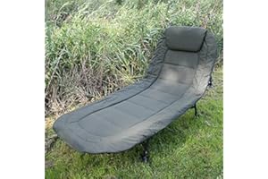 NGT Fishing Bedchair 6: Green Metal Adult Camp Bed, Reclining, Armless, Pillow Back, 80cm x 200cm x 37cm (45cm max), Outdoor Living, Fishing