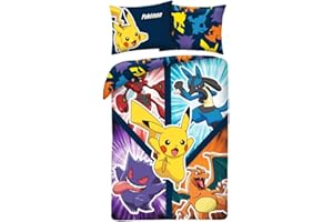 HALANTEX Bettwäsche Pokemon für Kinder, Bettbezug 140 x 200 cm und Kissenbezug, mit Pikachu, Glurakeu, Lucario, Ectoplasma und Cizayox, 100 % Baumwolle