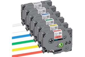 ILAUKE Lot de 6 rubans cassettes Étiquettes différentes couleurs 12 mm x 8 m rubans pour étiquetage Brother TZe Tape imprimantes compatibles pour Brother PTouch PT1000, noir sur