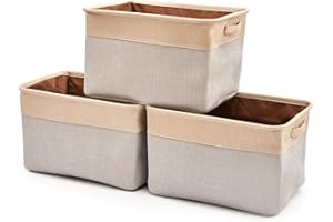 EZOWare 3 Pcs Caja de Almacenaje, Cestas Organizador de Tela Plegable con Manijas para Hogar, Oficina, Estanterías, Armarios, Ropa, Juguetes y mas - 38 x 27 x 24cm - Gris Claro/Beige
