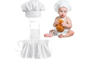 Pretwad Weiße Baby-Kochmütze und Schürze, Babyschürze und Kochmütze für kleine Köche von 8–24 Monaten, Mini-Schürze als Fotografie-Requisite für Neugeborene, Kleinkinder