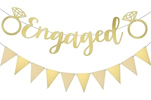 Pinenuts 2 Pcs Gold Engagement Banners, Engaged Bunting Letters & Diamond Ring Party Decoration Props for Wedding, Proposal Engagement Party