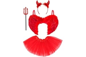REDSTAR Disfraz de Diablo para Mujer con Accesorios - Alas Rojas de Demonio, Cuernos de Diablo, Tridente de Diablo y Falda Tutú de Mujer - Disfraz de Halloween, Carnaval y Fiestas de Disfraces (Rojo)