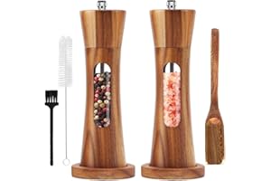 Uallsny Pfeffermühle Holz Salz und Pfeffer mühle 2er Set mit Untersetzer Manuell Gewürzmühle verstellbarem Keramikmahlwerk Salzmühle für Pfeffer Salz Gewürze Höhe 20 cm