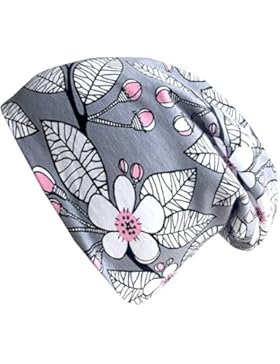 WOLLHUHN ÖKO Long-Beanie, Wende-Mütze, ganzjährig, SAKURA Blüten grau / rosa, Innenseite uni grau, für Mädchen...