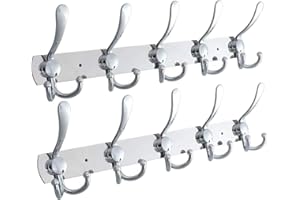 Beilala 2 Pack of Wall Mounted Coat Racks, Metal 10 Tri Coat Hooks, Heavy Duty Coat Hanger for Clothes Robes Towels Hats, Silver