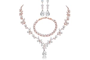 Shuxin Hochzeit Schmuckset für Damen, Halskette & Ohrringe & Armband Set, Weißgold/Rosegold Plattiert Blumen Schmuck Set mit 5A Weiß Zirkonia, Allergenfrei Hochzeitsschmuck für Braut Brautjungfern