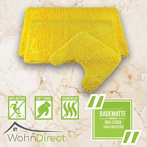 Designer Badematten 3er SPAR-SET | 3 x Flauschige Badvorleger 45 x 45 cm + 50 x 80 cm + 60 x 100 cm | Rutschfest & Waschbar | Geeignet für Fußbodenheizung & Badezimmer | Gelb | – MIT WC-AUSSCHNITT - 9